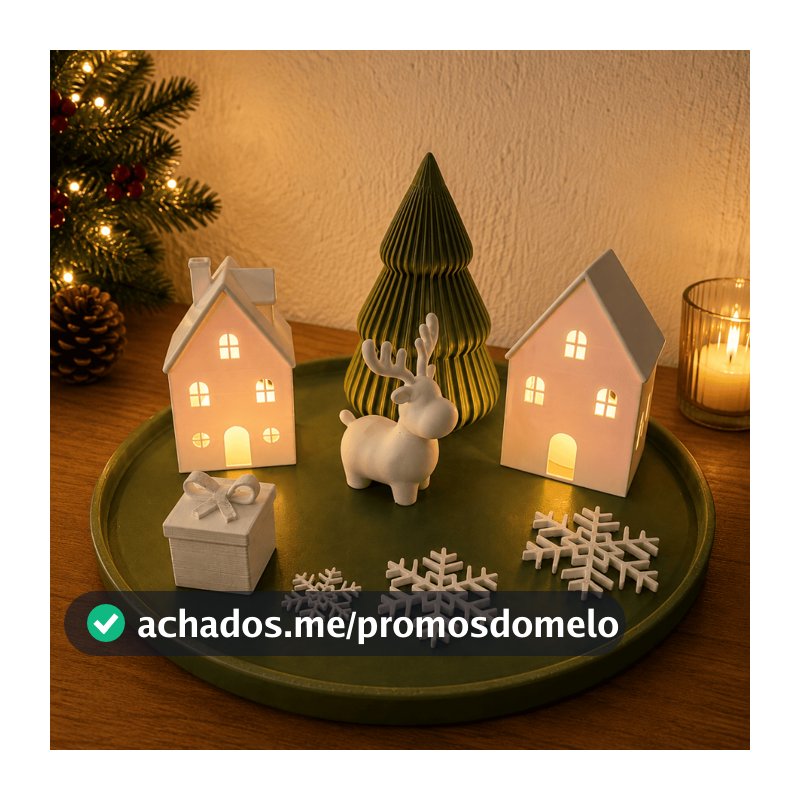 Kit Decoração Natalina com Casinhas Iluminadas, Árvore, Alce e Bandeja – Enfeite de Natal Branco e Verde Oliva