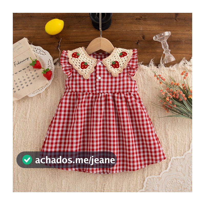 9 Meses-4 Anos De Idade Verão Novo Vestido Xadrez Vermelho Para Meninas , Roupas Infantis Sem Mangas Com Morango Fofo
