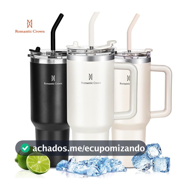 ROMANTIC CROWN Copo Térmico Inox Portátil 600ml/1.2l com Tampa e Canudo Garrafa Térmica Inoxidável