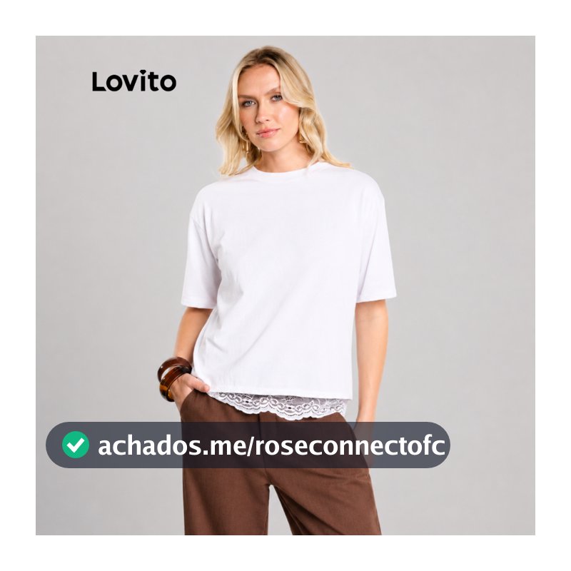 Lovito Camiseta Feminina com Renda na Barra Oversized Confortável BRTSB18081838