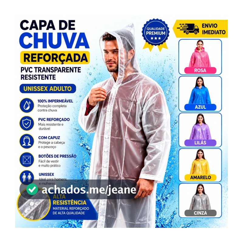 Kit 2 Capa Chuva Pvc Transparente Resistente Impermeável Unissex