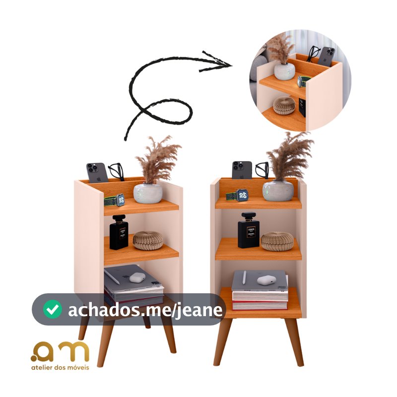 Kit com 2 Mesa de Cabeceira Nicho Organizador, pés retrô em PVC e Porta-Celular Max