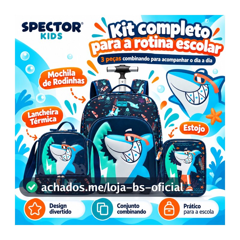 KIt Mochila Lancheira EstojoTubarão Menino Bolsa Escolar Rodinhas Spector
