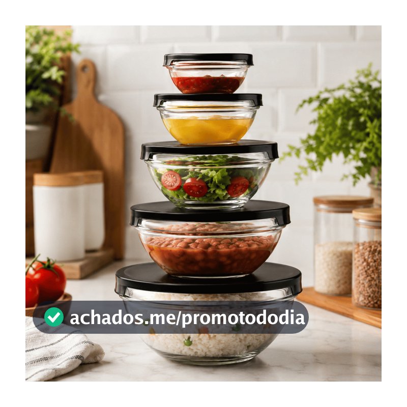 Kit 5 Tigelas Bowl Vidro Herméticos Resistente Organizadores De Cozinha Jogo Transparente