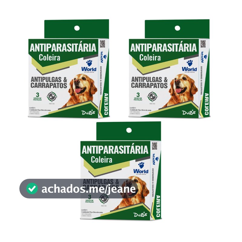 03 Coleiras Cães Antipulgas E Carrapatos Dugs 56cm World Dug's - 3 Unidades