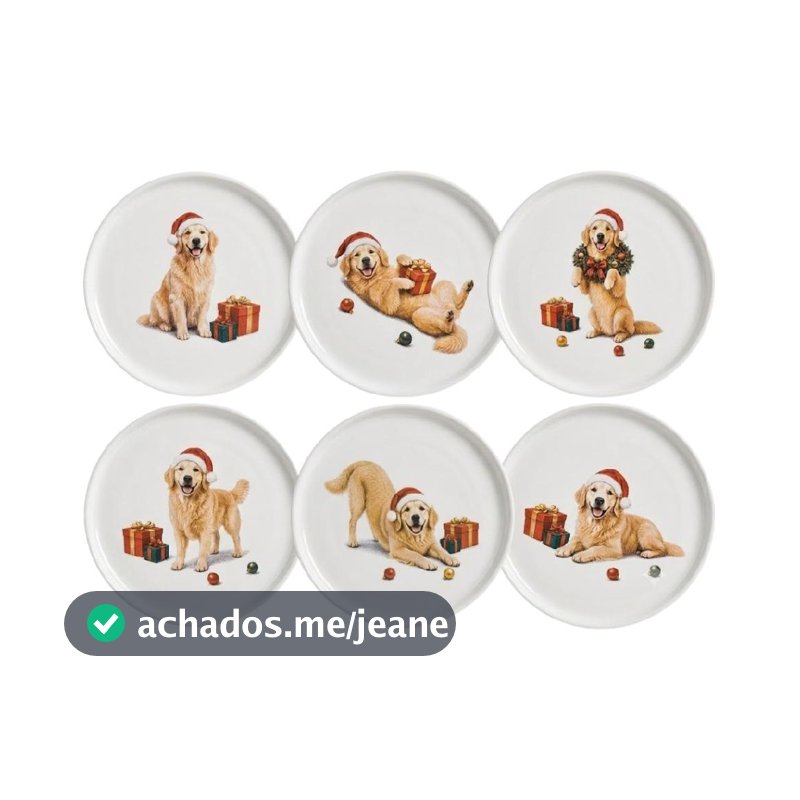 Jogo 6 Pratos Sobremesa Natal Golden Retriever 21,5cm A Mesa Posta Linda Para Mães De Pet