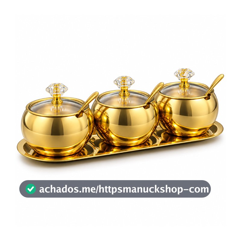 Kit 3 potes Açucareiro Luxuoso porta Condimentos Aço Inox - 304 Dourado Elegante