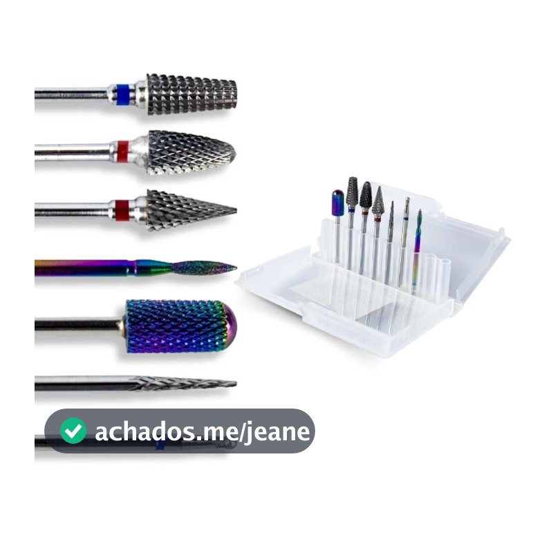 Kit 7 Brocas Tungstênio Diamantada + Caixa Suporte Broca Unhas Gel Fibra Alongamento Lixa Manicure