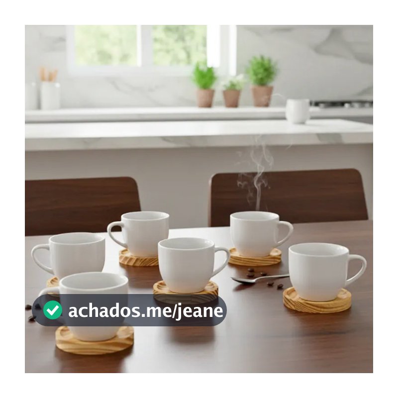 Kit 6 Xícaras em Porcelana para Café com 6 Pires Redondo em Madeira Pinus Mesa Posta
