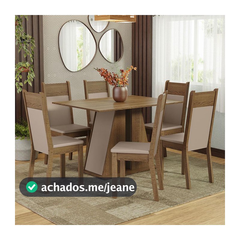 Conjunto Sala de Jantar Mesa Tampo de Madeira 6 Cadeiras Rustic/Crema/Bege Beverly Madesa