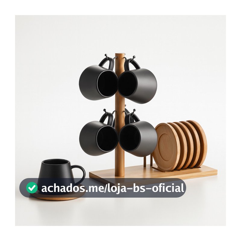 Jogo 6 Xicaras Café 90ml Porcelana Pires Suporte Bambu Oásis