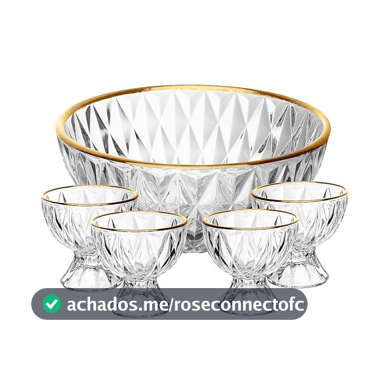 Conjunto 1 Bowl 1L e 4 Taças 120ml Diamond Lyor Cristal com Fio de Ouro para Sobremesas Doces Frutas Mousse Pavê 5 Peças
