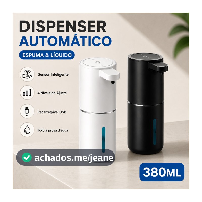 Dispenser Automático de Sabonete Líquido e Espuma 380ml com Sensor, 4 Níveis, Display e USB Recarregável IPX5