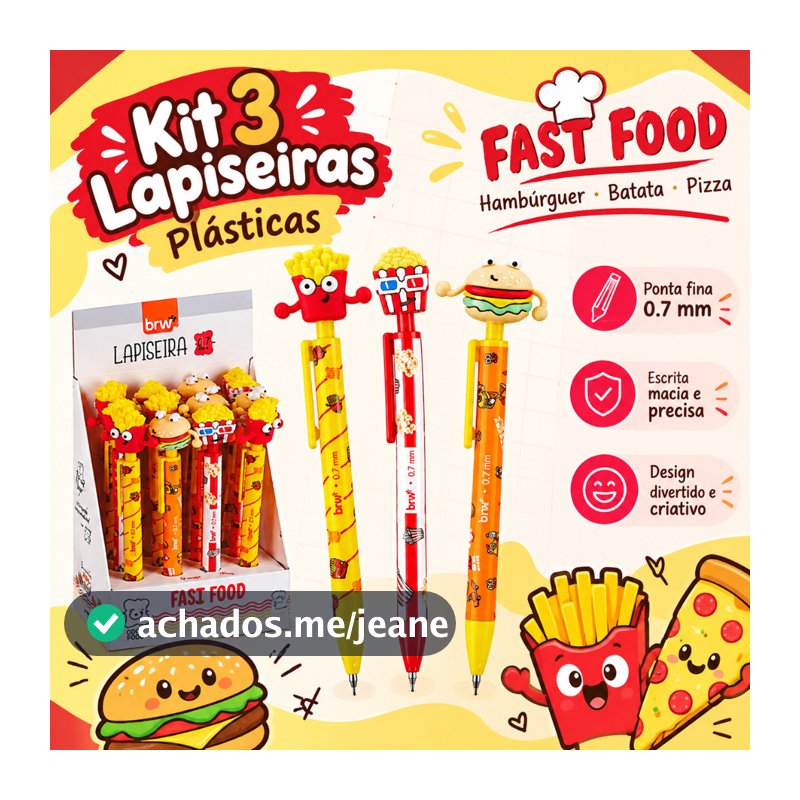 Kit 3 Lapiseiras Plásticas Divertidas 0.7mm Fast Food Hambúrguer Batata Pizza