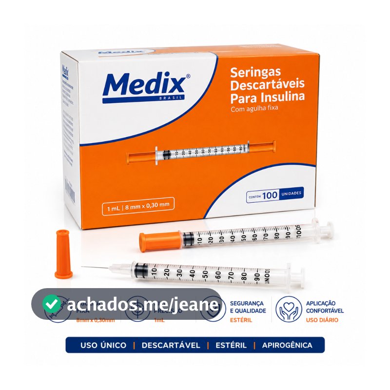 Seringa de Insulina Medix 1ml 100UI com Agulha 8x0,30mm - Descartável e Fácil Uso