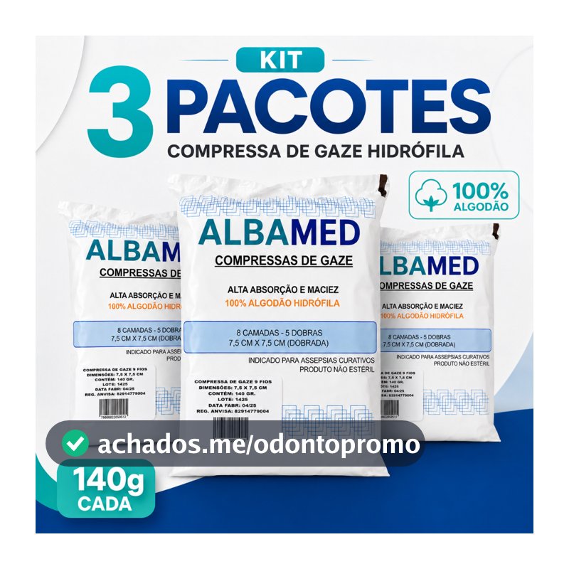 kit 3 pacotes Compressa Gaze Curativo 09, 11 e 13 Fios 140 gramas por pacote 100% algodão
