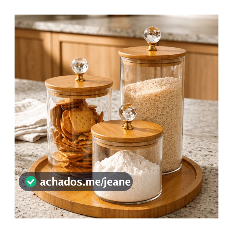Kit Potes Transparente de Vidro Hermético Redondo com Tampa de Bambu e Cristal porta alimentos mantimentos
