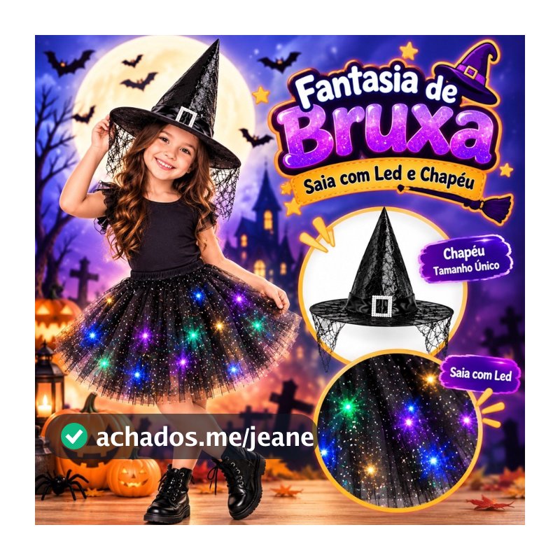 Fantasia Halloween Infantil Saia brilho + chapéu Bruxa