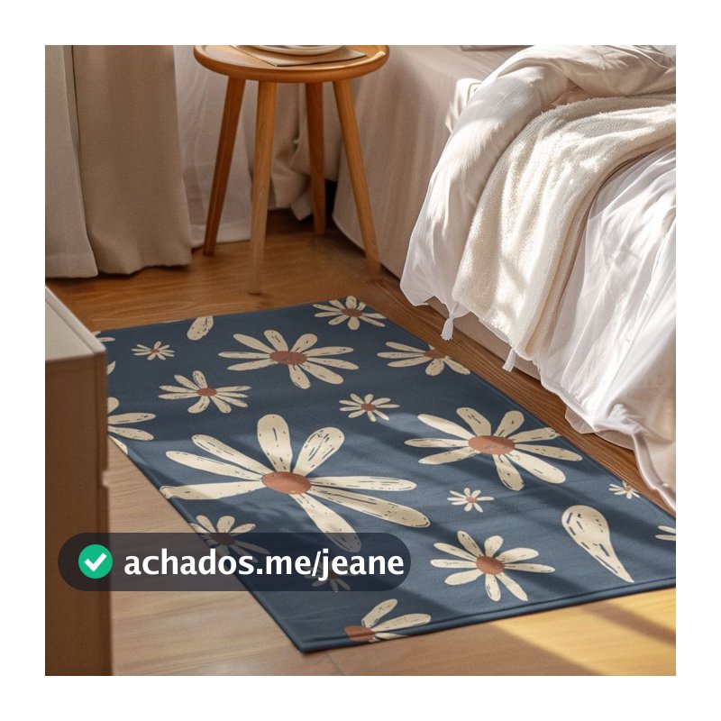 Tapete Decorativo 118x70cm Antiderrapante Sala, Quarto, Espaço Flores Branca
