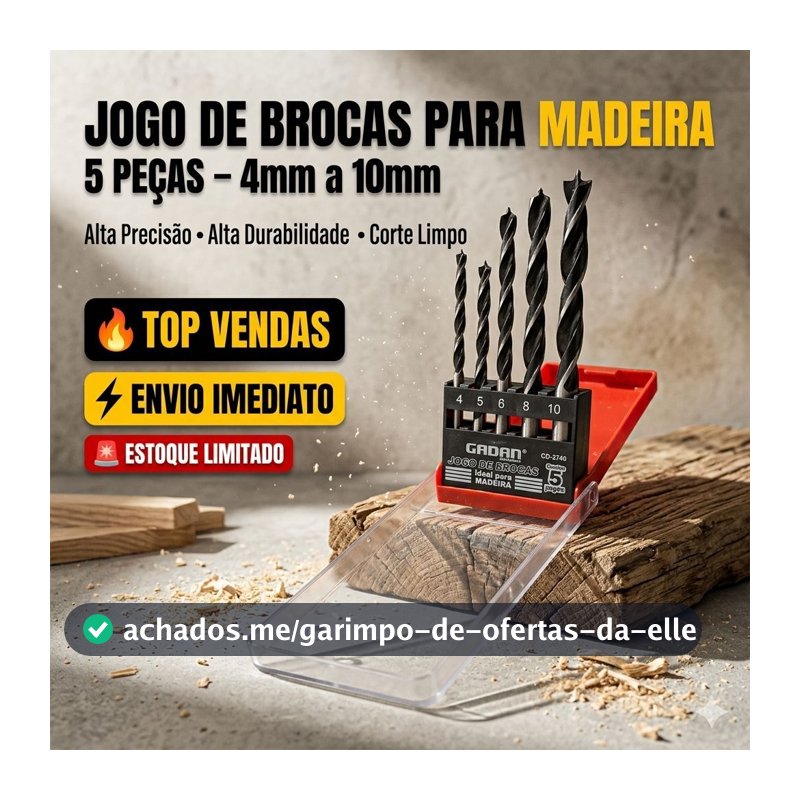 Jogo de Brocas Madeira Kit 5 Peças 4mm 5mm 6mm 8mm 10mm Para Furadeira Madeira MDF Marcenaria Profissional