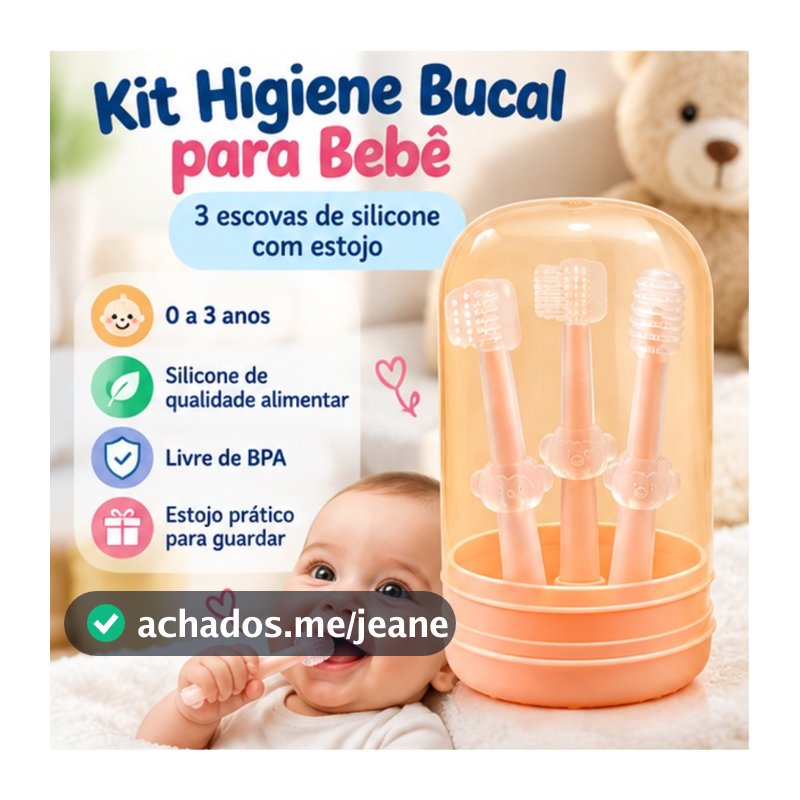 Kit Higiene Bucal Bebê 3 Escovas Silicone com Estojo Ursinho Gengiva Dentinhos Língua Infantil 0 a 3 Anos Fofo