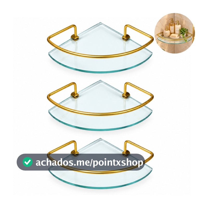 Kit 3 Porta Shampoo Canto Dourado Luxo Prateleira Vidro Para Cozinha Ou Banheiro Organizador De Box