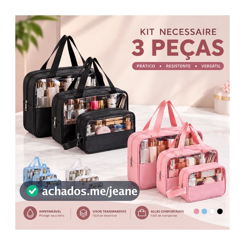 Kit 3 Necessaires Transparentes Grande Capacidade Para Cosméticos e Maquiagem Organizador de Viagem