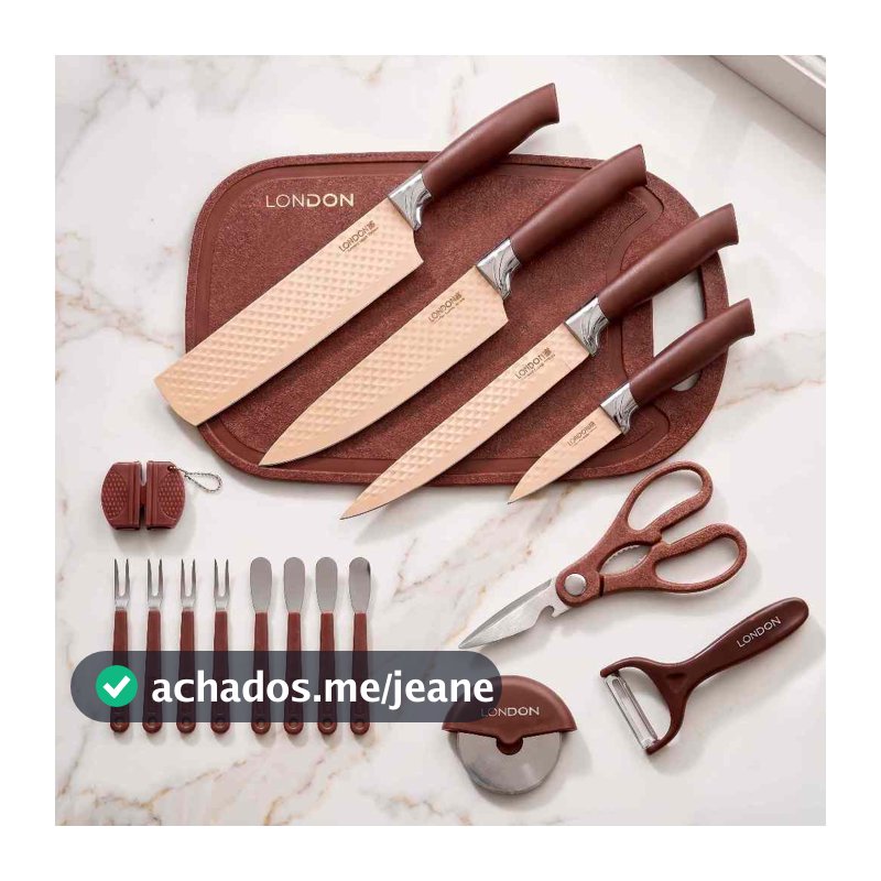 Conjunto De Facas Aço Carbono 17 Peças Antiaderente Com Cabo Reforçado Descascador E Tesoura Cozinha London