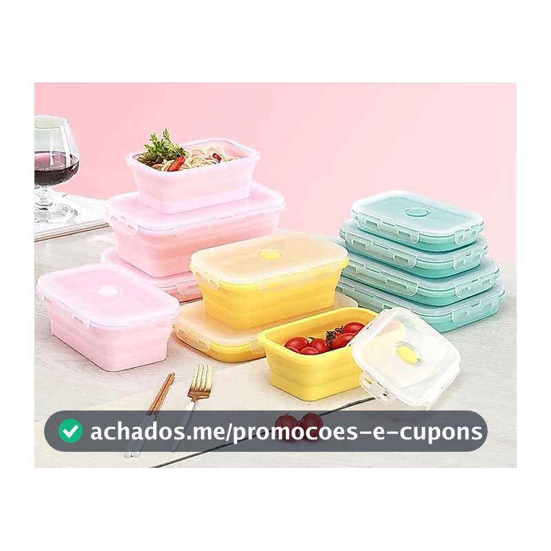 Marmitas Lancheira Retrátil Silicone Pote Dobrável C/ Tampa Trava de Segurança