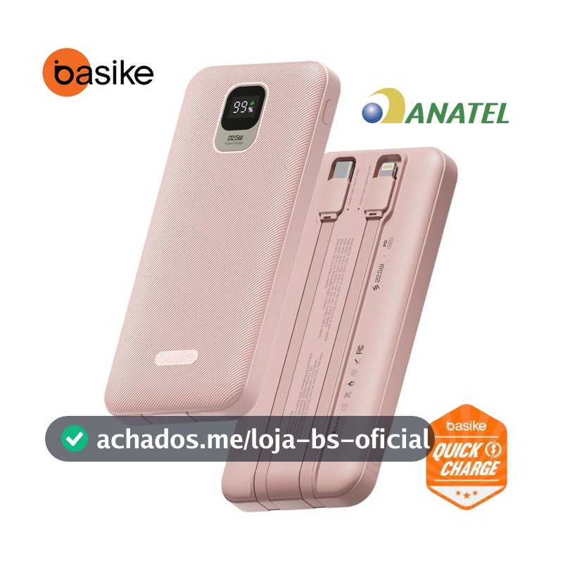 Basike Power bank cabo incluso 20000/10000 mAh portátil Display Digital Compatível com Android e Apple Rosa