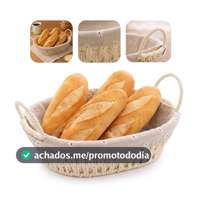 Cesto de Pão Redondo Retangular Oval Para Café da Manhã com Forro e Alça Lateral Cozinha Multiuso