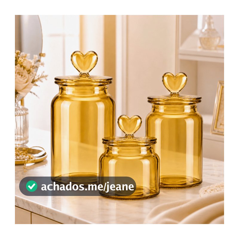 Kit 3 Pote de Vidro Âmbar Hermético Coração Afeto Porta Mantimentos Alimentos Cozinha