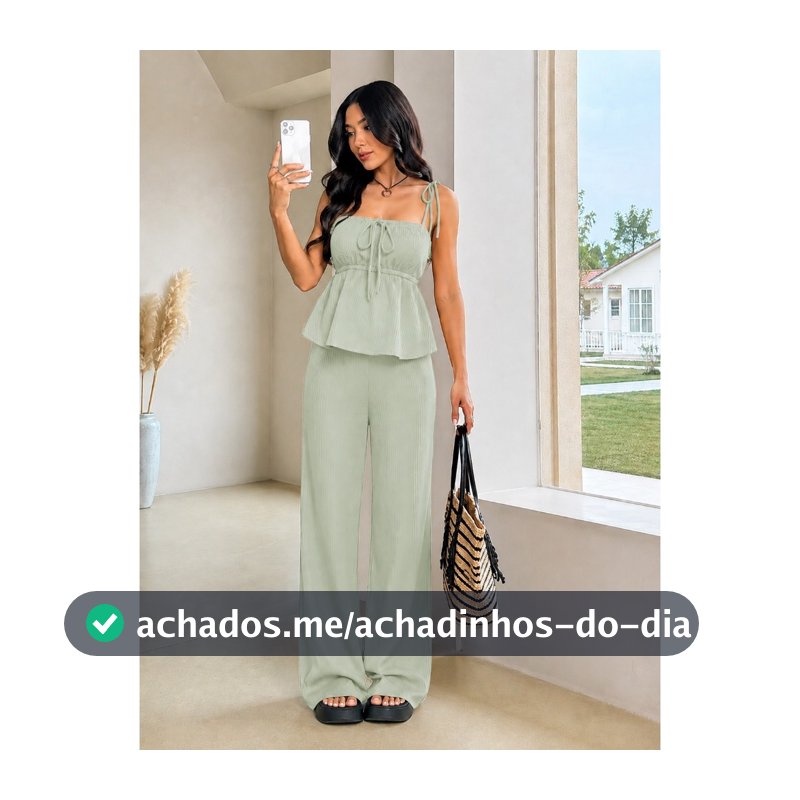Conjunto Feminino Mel Blusinha Batinha Alças Amarração + Calça Pantalona Soltinha Moda Tendência