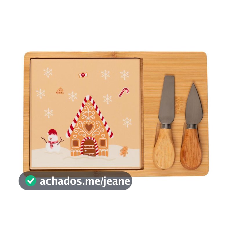 Conjunto 4 Peças para Queijo Encanto de Natal Lyor com Bandeja Tábua Faca e Espátula para Servir Petiscos em Celebrações