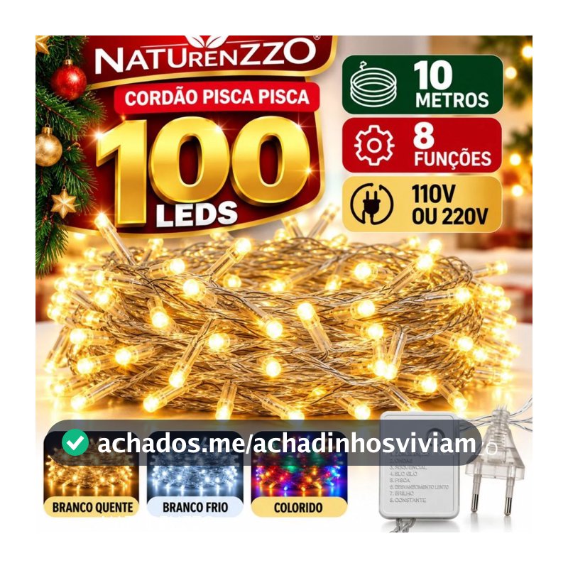 Cordão Pisca Pisca De Natal Fio Transparente 100 Lâmpadas Led 10mts Cor 8 Funções Varias Cores 110/220v