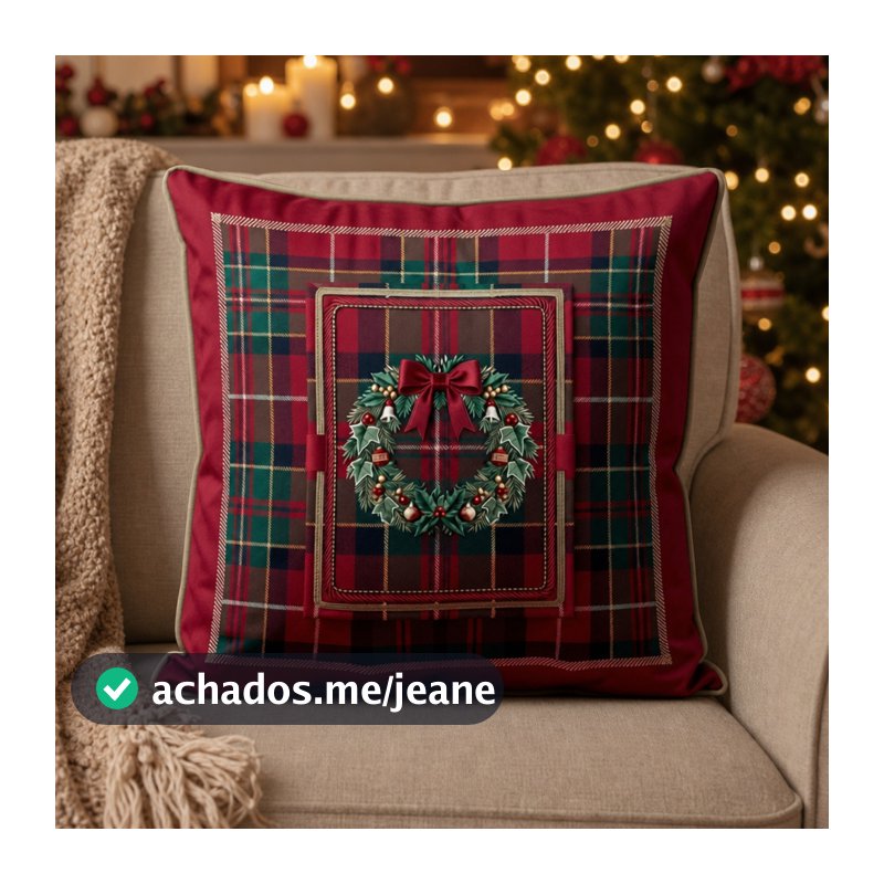 Almofada Decorativa de Natal com Cardone - Xadrez Verde e Vermelho e Guirlanda - 50x50cm - 1 unidade - Rizzo