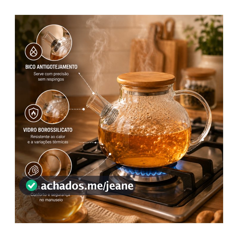 Chaleira de Vidro Borossilicato para Fogão com Filtro Inox e Tampa de Bambu 1000ml
