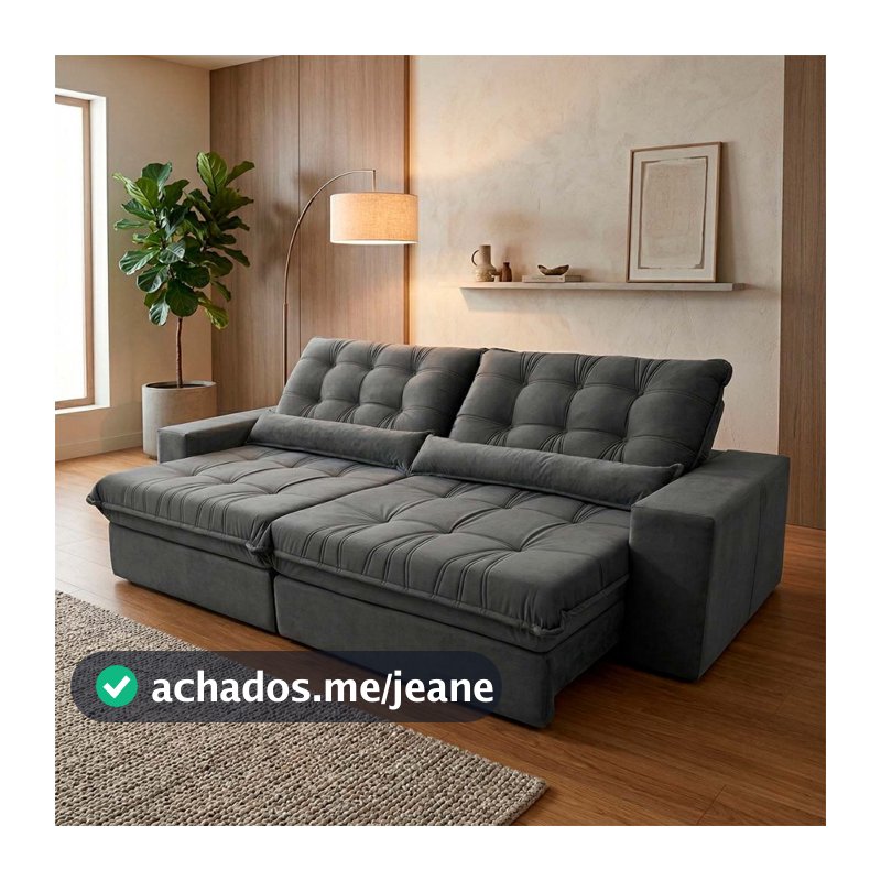 Sofá Retrátil Reclinável Zurique 2,50m Suede Velut Cinza  Molas no Assento - King House