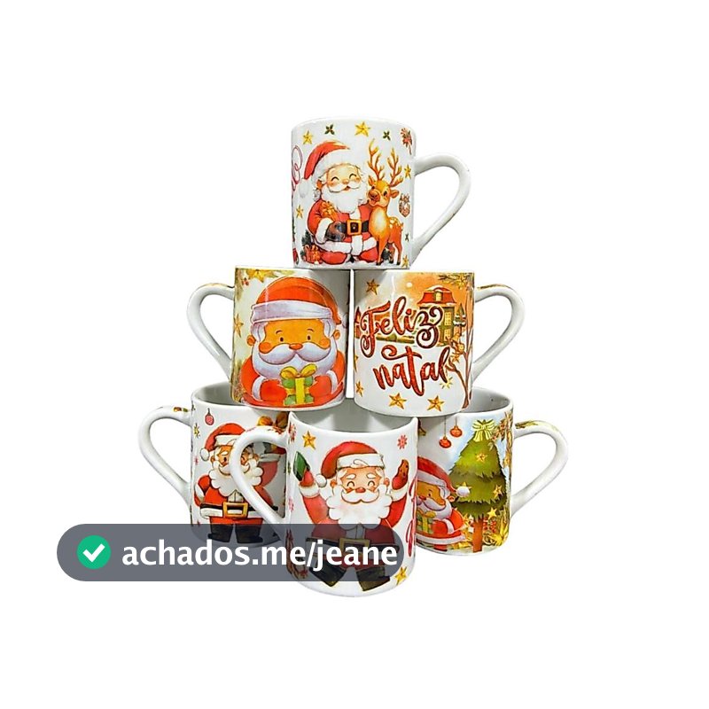 CONJUNTO 6 CANECAS PORCELANA BRANCA DECORADA NATAL 280 ML