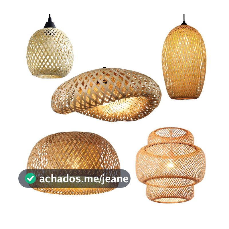 Conjunto Lustres Teto Luminária Pendente Bambu Rattan Rústico Trançado Artesanal Fibra Natural