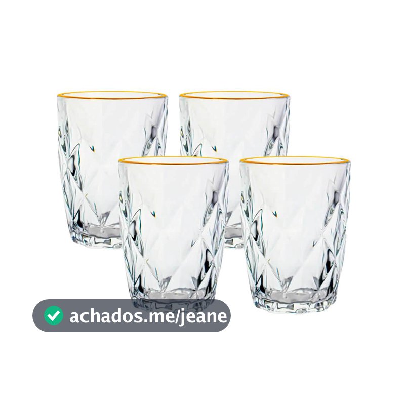 Jogo De Copos De Vidro Diamond Fio De Ouro 270ml 4 Peças - Lyor