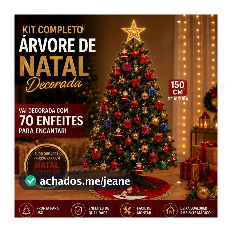 Arvore de Natal Decorada 150cm 220 Galhos + 70 Enfeites Completa Enfeitada Pinheiro Verde Pisca Led Decoração Top