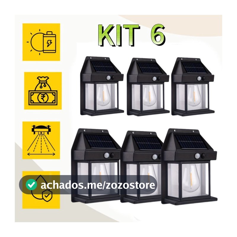 Kit 6 Luminária Arandela Vintage Placa Solar Lâmpada Externa Moderna Decoração Com Sensor De Movimento-LT8609