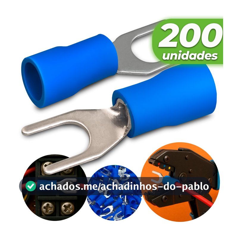 Kit 200 Terminal Forquilha Garfo Pré Isolado Azul 1,5 a 2,5mm Conector Elétrico Cabos Fios Terminal U Prensar Atacado