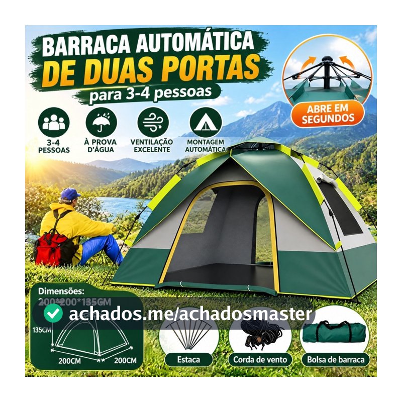 Barraca de Camping 3-4 Pessoas Prova d'água Barraca Acampamento Automático 200×200×135cm Praia Piquenique