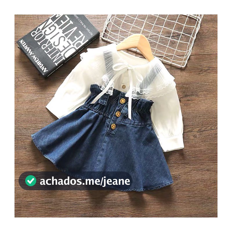 Denim Kids Girl Set Fashion Blusa Infantil De Renda + Saias Suspensas Para Meninas Outfits 0-7Y