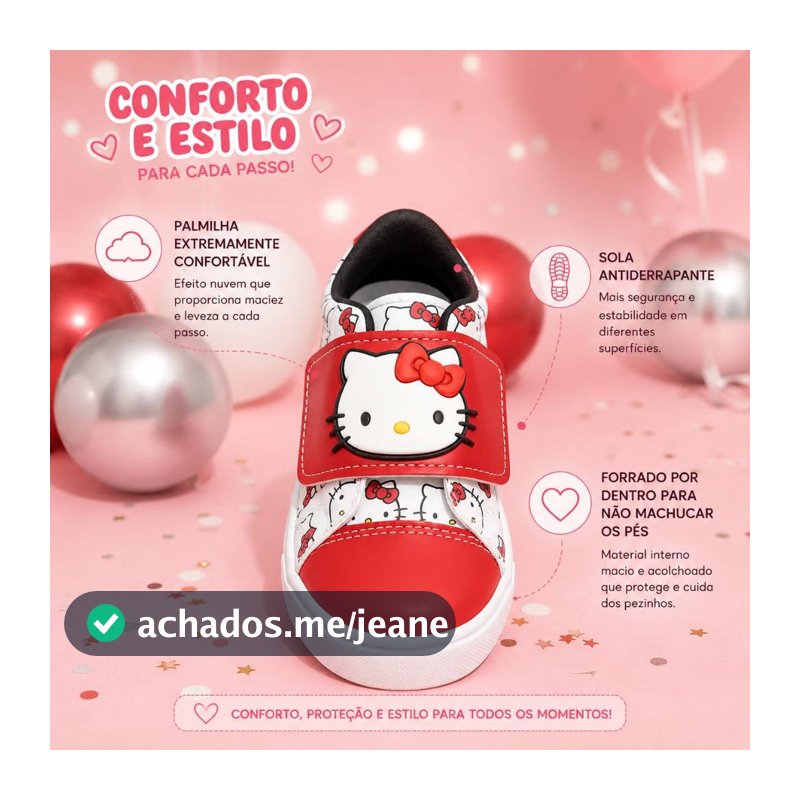 Tênis Botinha Infantil Menina Hello Kitty Red Love Calce Fácil Antiderrapante Vermelho Confortável