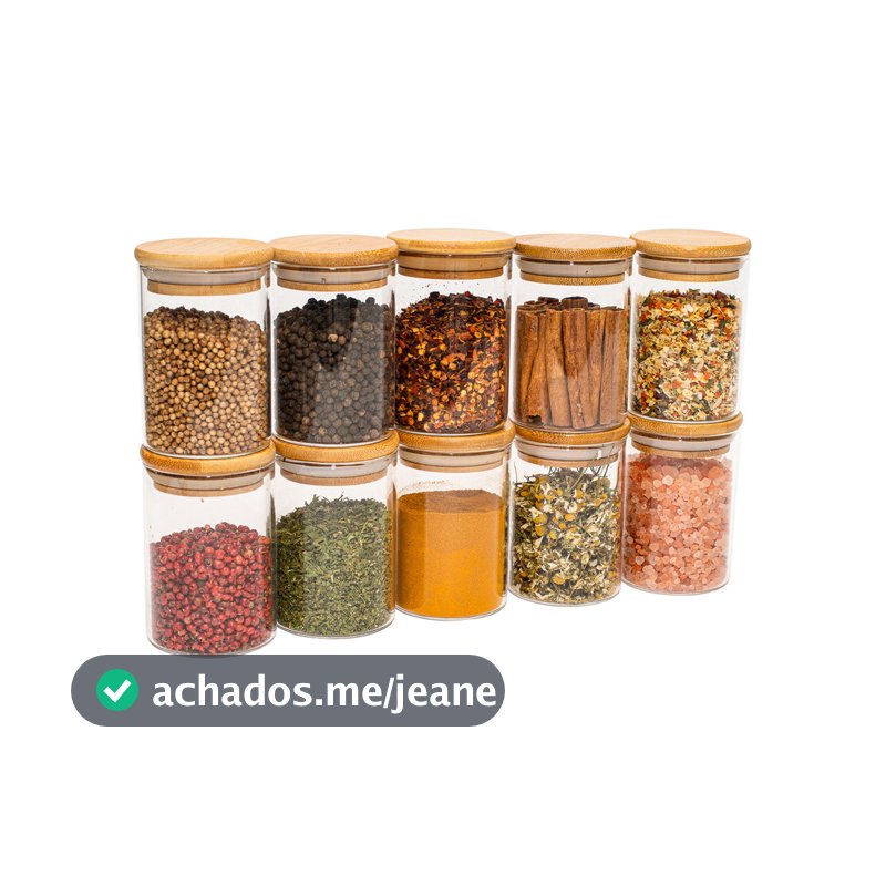 Jogo de 10 Potes Herméticos de Vidro Tampa de Bambu - 250 Ml Oikos