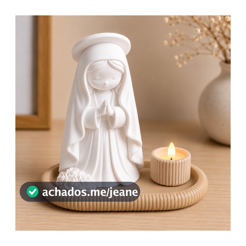 Nossa Senhora Baby Decorativa com Bandeja e Vela LED | Decoração Religiosa Cantinho de Oração