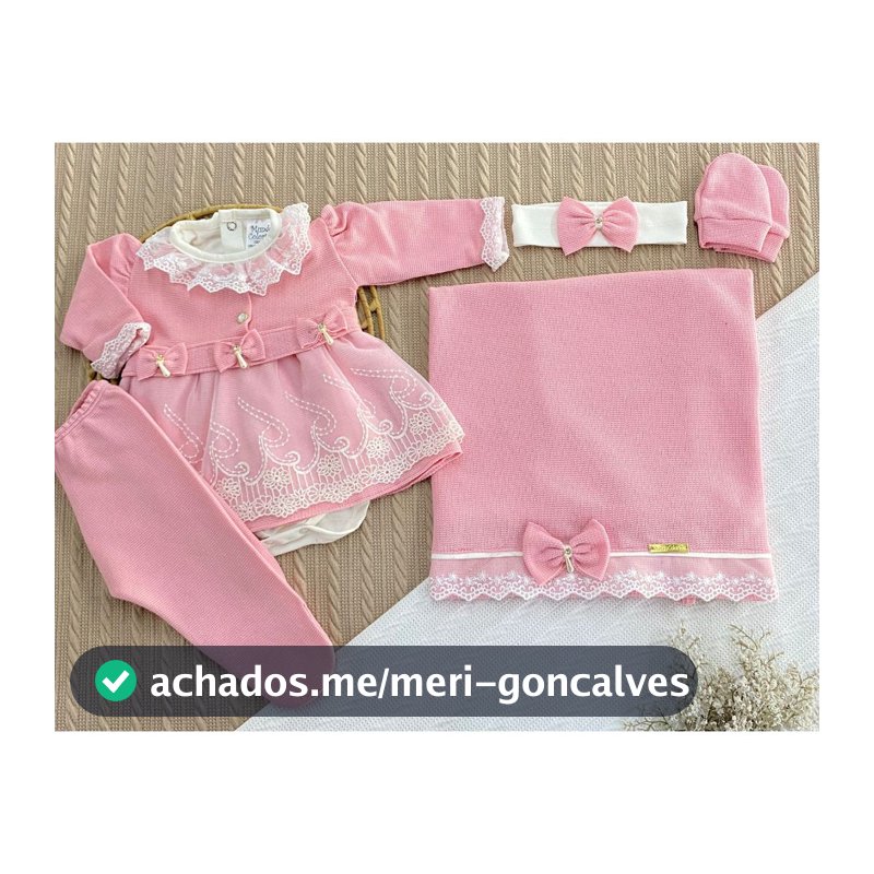 Saída de Maternidade Mundo Colorido – 6 Peças em Malha Tricô: Vestido, Body, Manta, Luvas e Tiara
